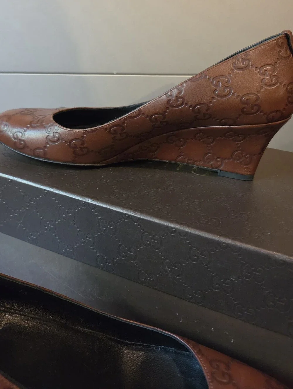 GUCCI Brown Leather GG Logo Wedge Pumps Shoes Women Size 38 US 7.5